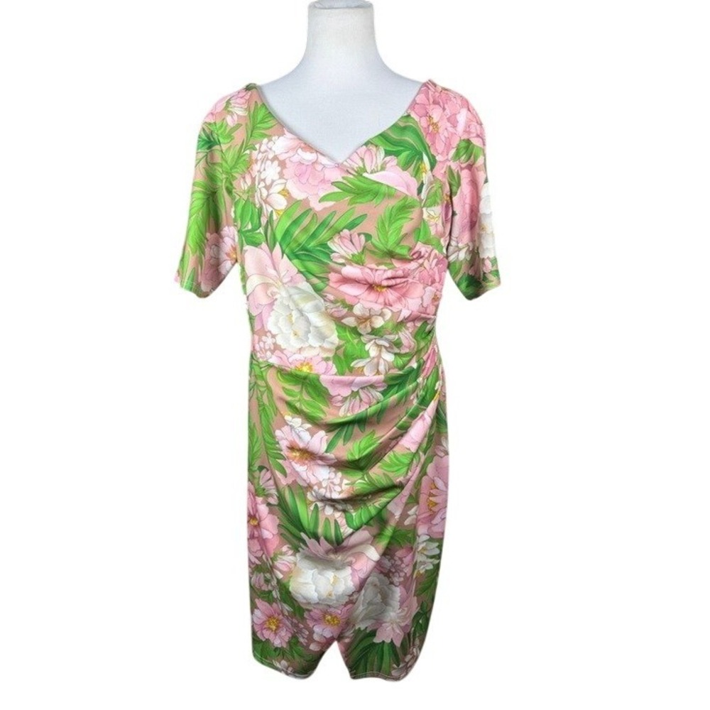 Tadashi Shoji Womens XXL Pink Green Floral Ruched V-Neck Sheath‎ Dress Plus Size
